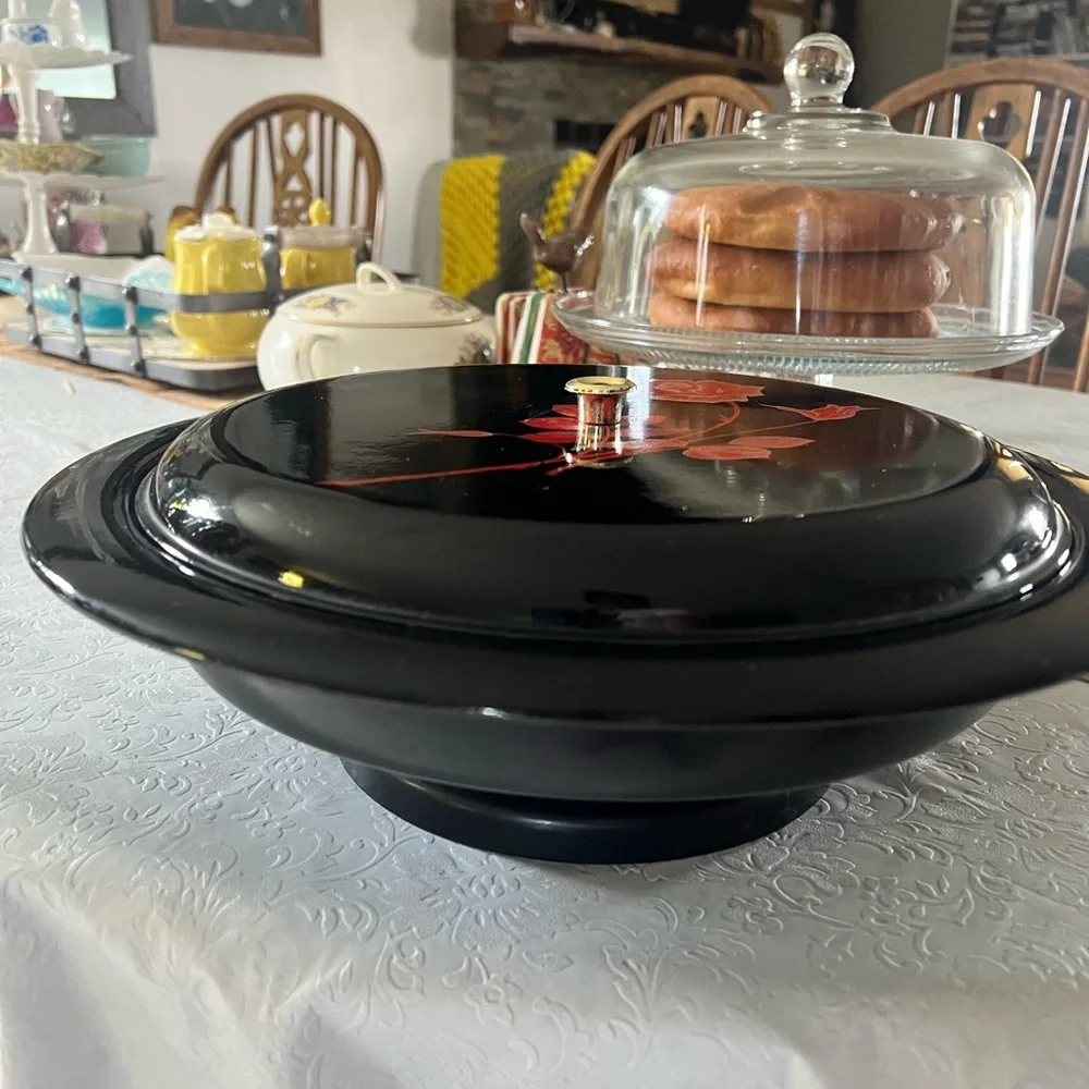 VTG Black Asian Lacquer Ware Lazy Susan Red & Black  5 Sections Server + Lid